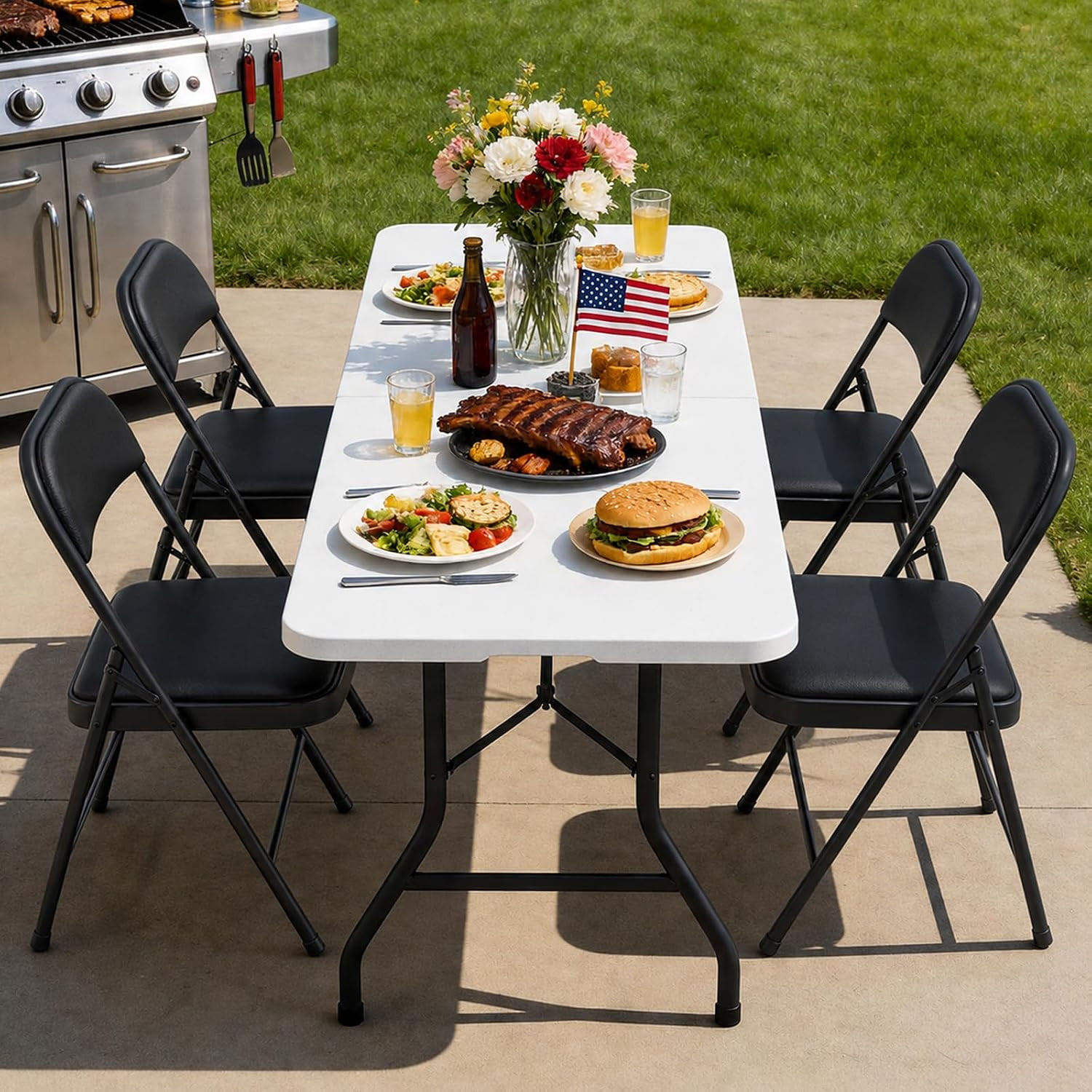Folding Dining Table Set for 4, 5FT Foldable Plastic Table with Carrying Handle