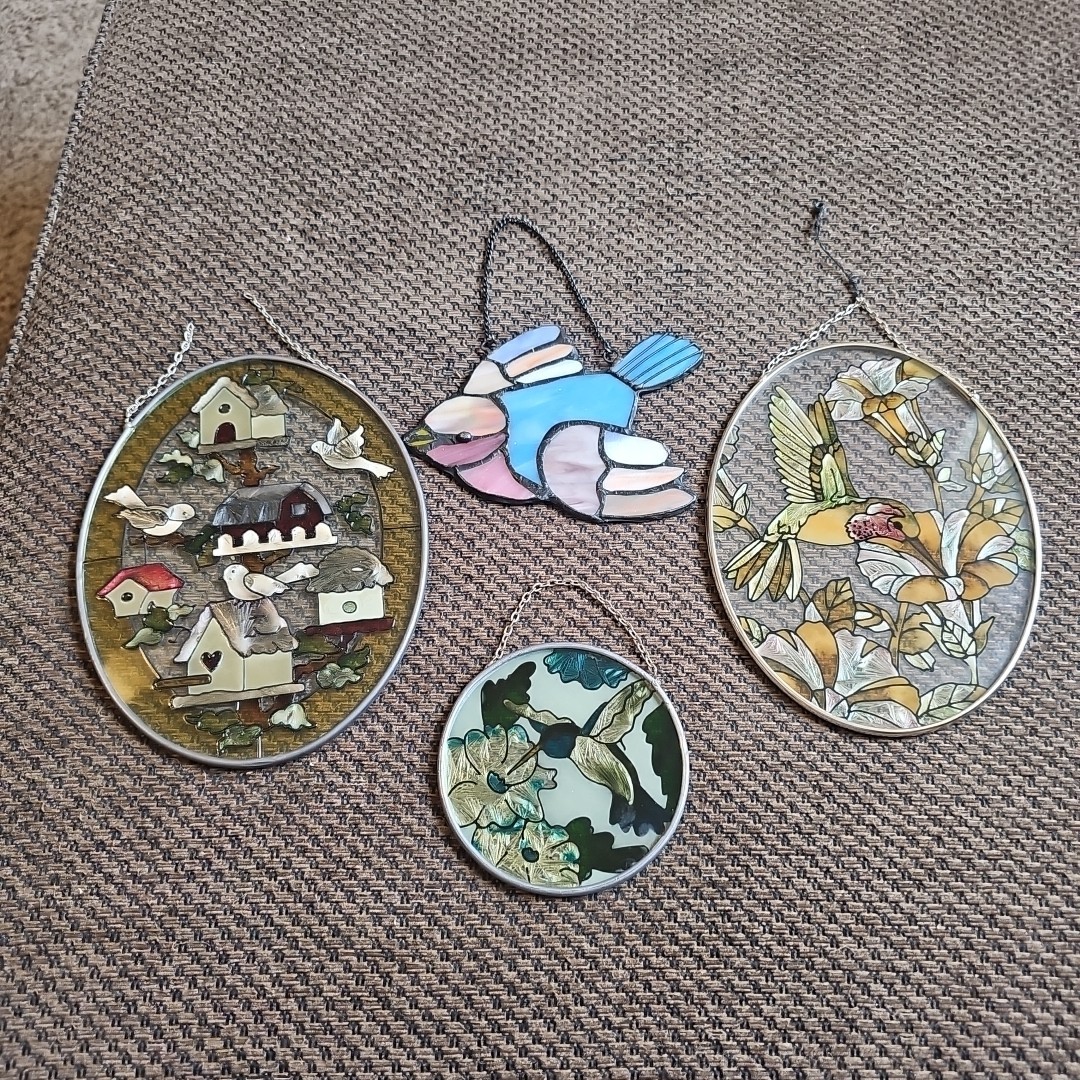 Set Of 4 Hand Painted Glass Suncatchers 4 To 7" Tall Birds