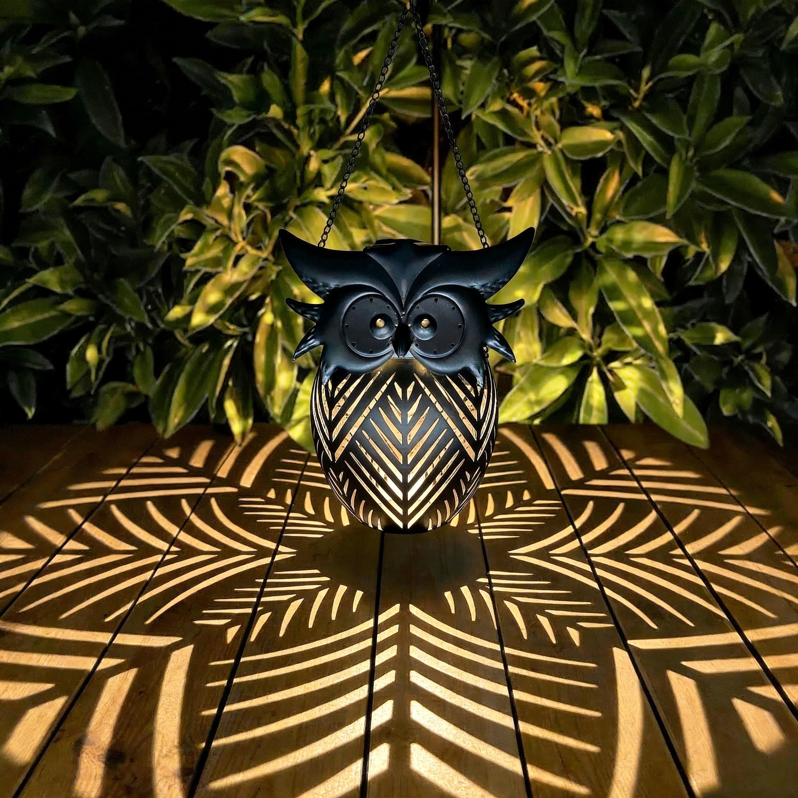 Hanging Owl Solar Lantern, Outdoor Waterproof Metal Solar Lights with Palm Le...