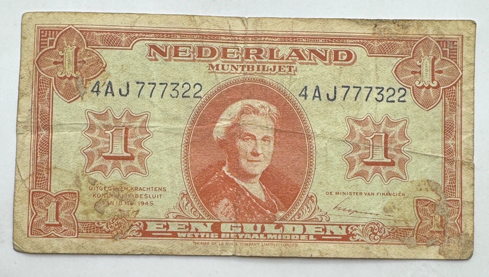1945 Netherlands One Gulden Banknote - Nederland - Note - Free Shipping