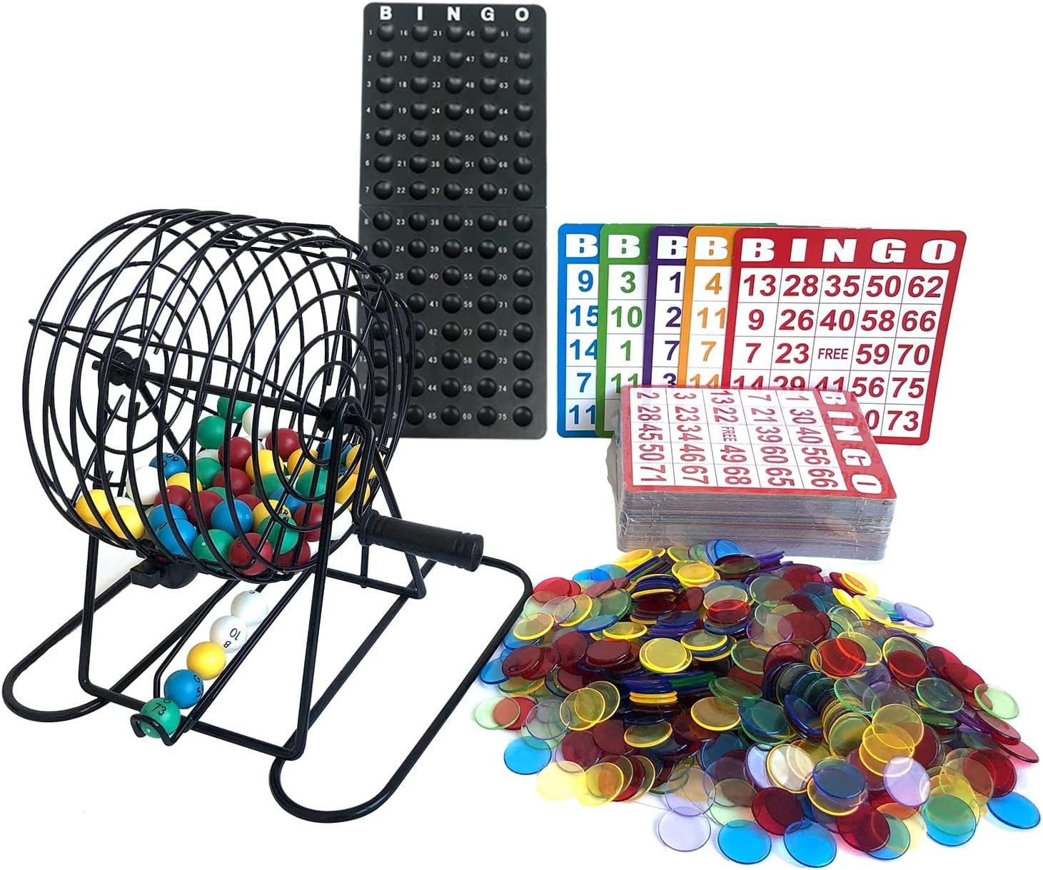 Deluxe Bingo Game Set - Metal Cage, 500 Chips, 100 Cards, 75 Balls, Party Fun!