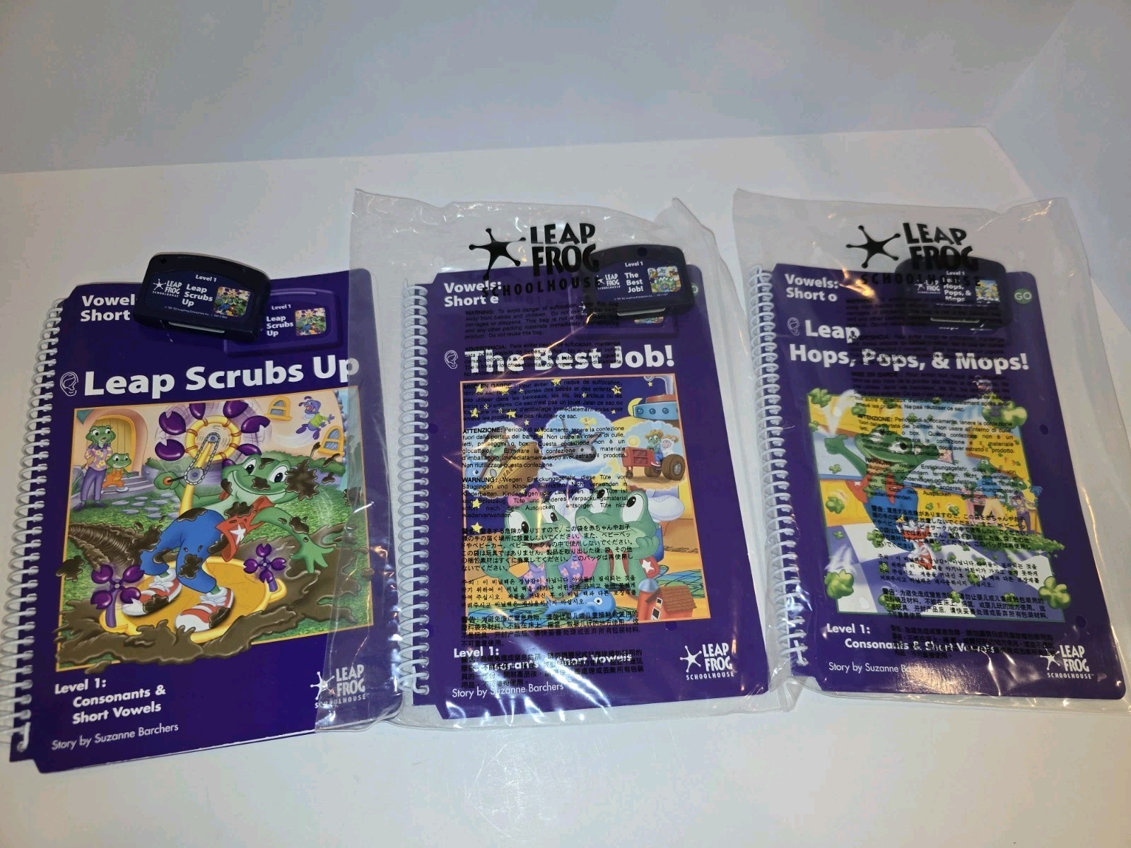 Lot Of 3 - LeapFrog Schoolhouse Books w/ Cartridges - Level 1 Scrubs Up Hops Pop