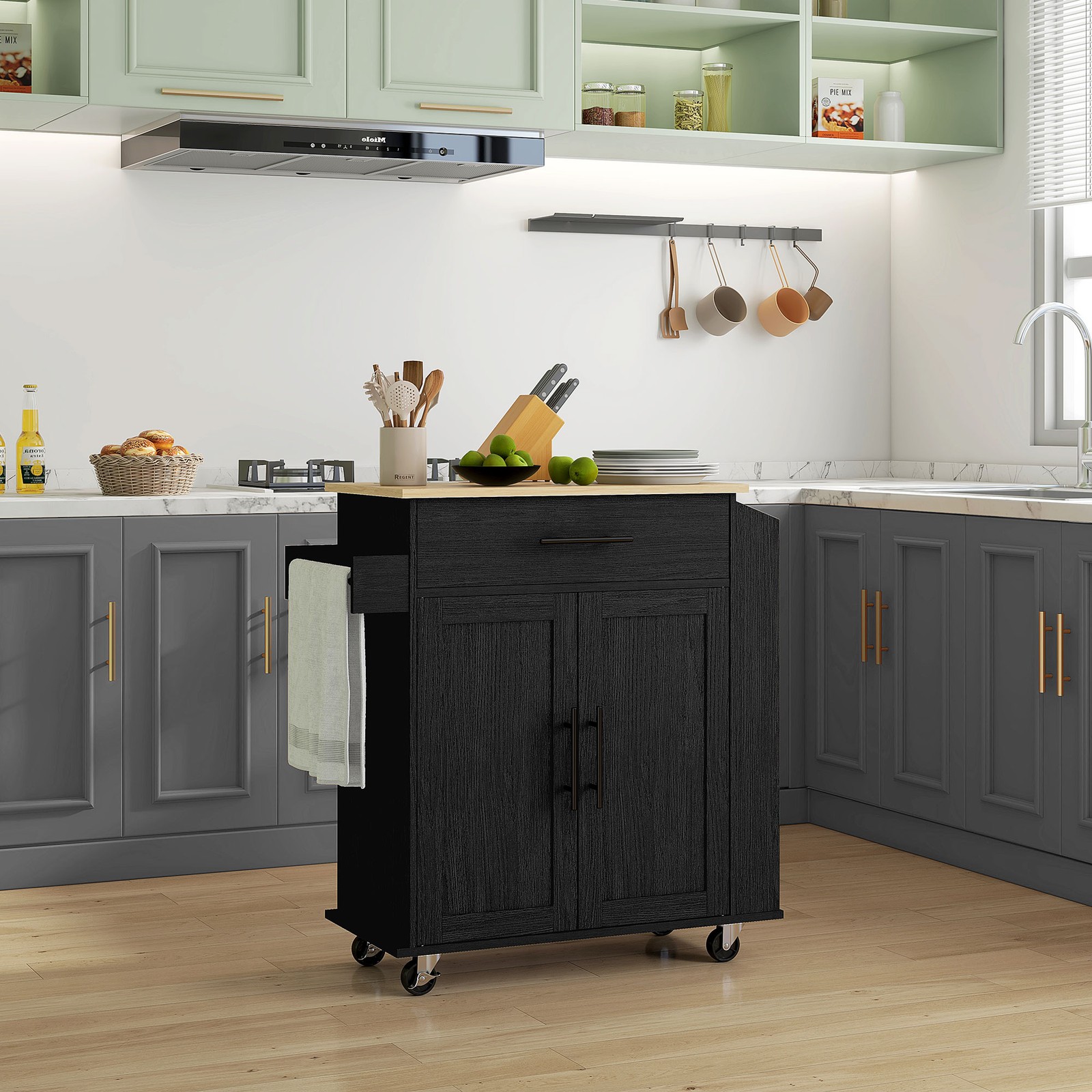 Kitchen Island with Storage and Power Outlets, Rolling, Black