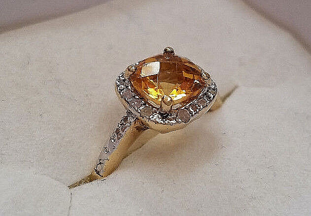 Big Yellow Citrine White Diamonds 18k Gold 925 Sterling Silver Ladies Ring 7 3/4