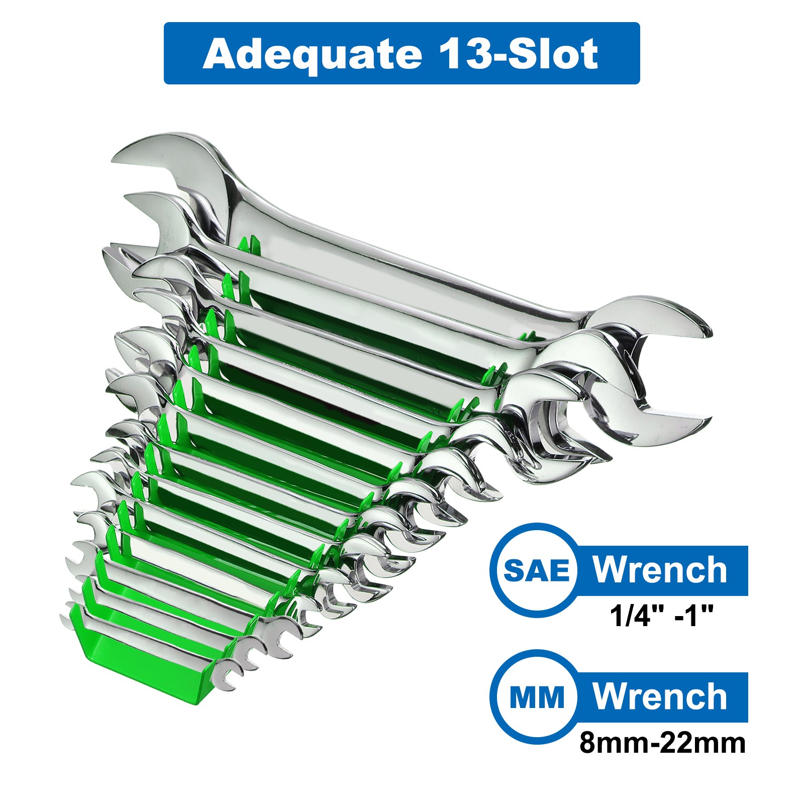 10pcs Metal Wrench Organizer, 130-Slot for SAE & Metric Wrenches, Green