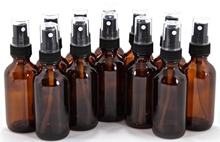 12, Amber, 2 oz Glass Bottles, with Black Fine Mist Sprayers