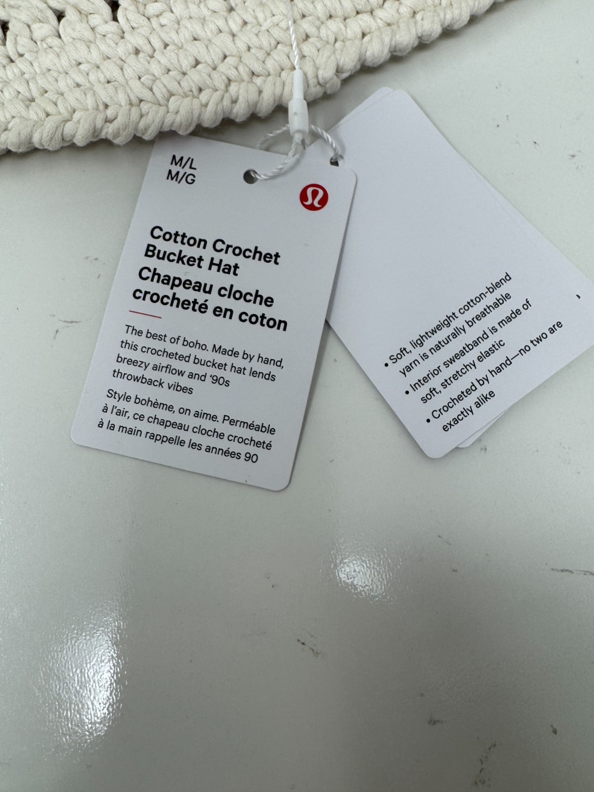 Lululemon Size M/L Cotton Crochet Bucket Hat, Light Ivory