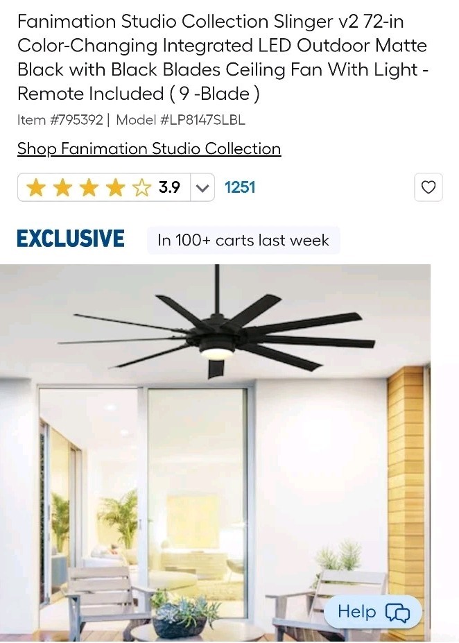 Fanimation Slinger v2 72-in Ceiling Fan with LED Light and Remote Control -Black
