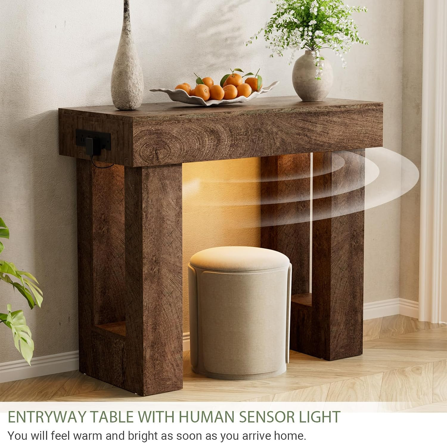 39" Entry Table with Power Outlet & Sensor Light, Rustic Oak | Narrow Foyer Tabl