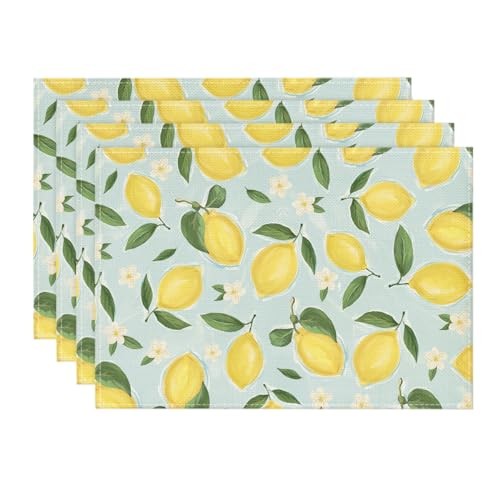 Lemon Flower Floral Summer Placemats Set of 12" x 18", Rectangular 4 Pcs Blue
