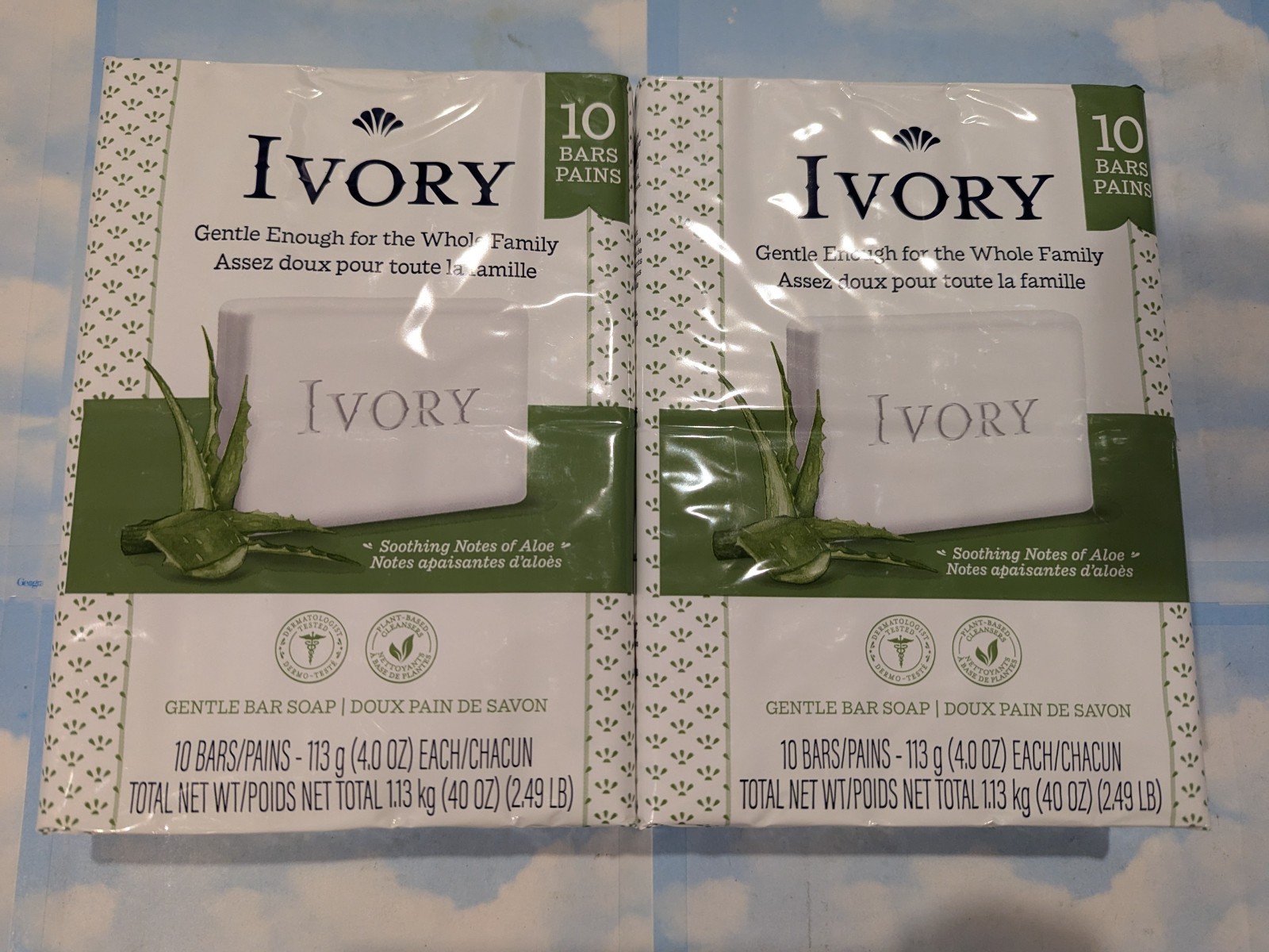 LOT (2) IVORY GENTLE BAR SOAP ALOE SCENT 10 BARS-4 OZ EACH TOTAL 20 BARS