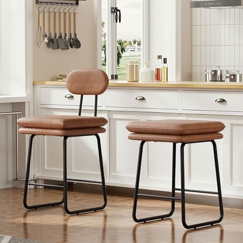 Bar Stools Counter Height Barstools with Removable Backrest, Set of 2 Brown