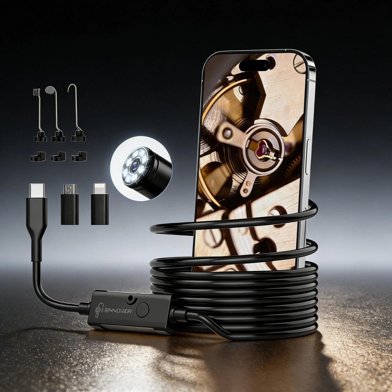 1920P 5M Endoscope Camera with Light,HD Borescope Camera for iOS Android,8 LED,i