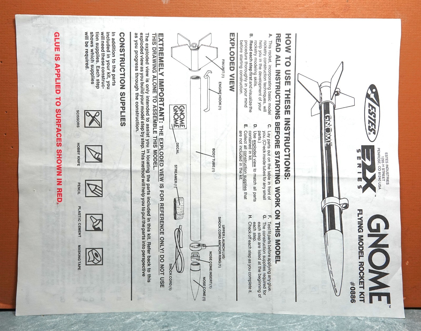 ESTES GNOME MODEL ROCKET # 0886 (INSTRUCTIONS ONLY)
