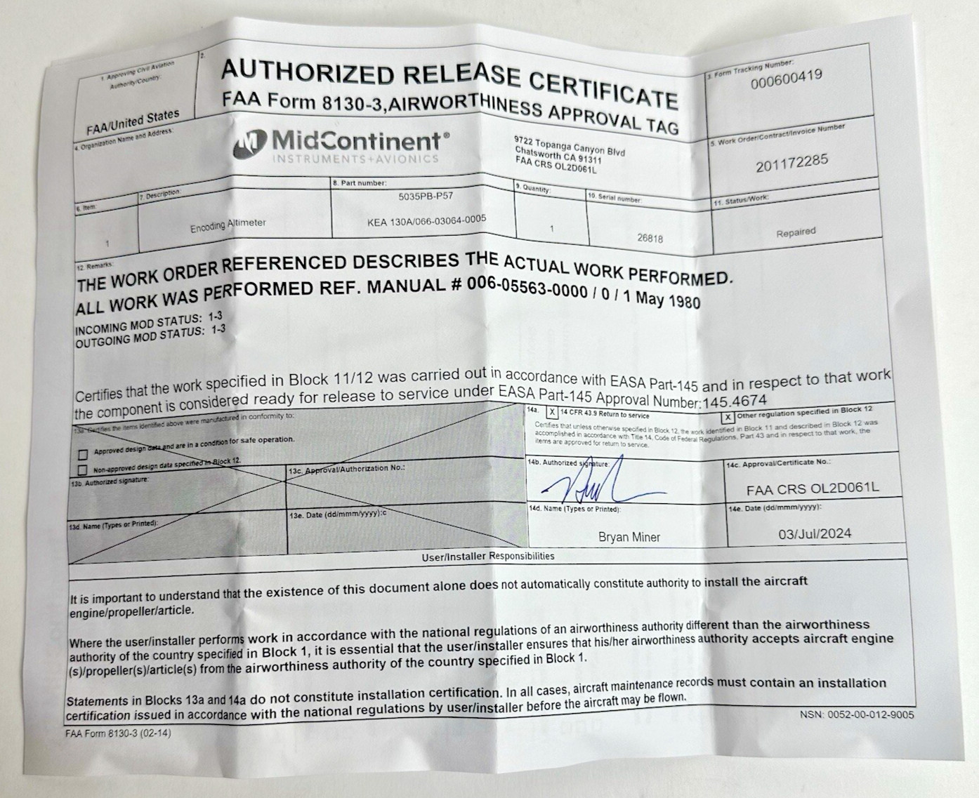 Bendix King KEA 130A Encoding Altimeter 066-03064-0005 Repaired with FAA 8130-3