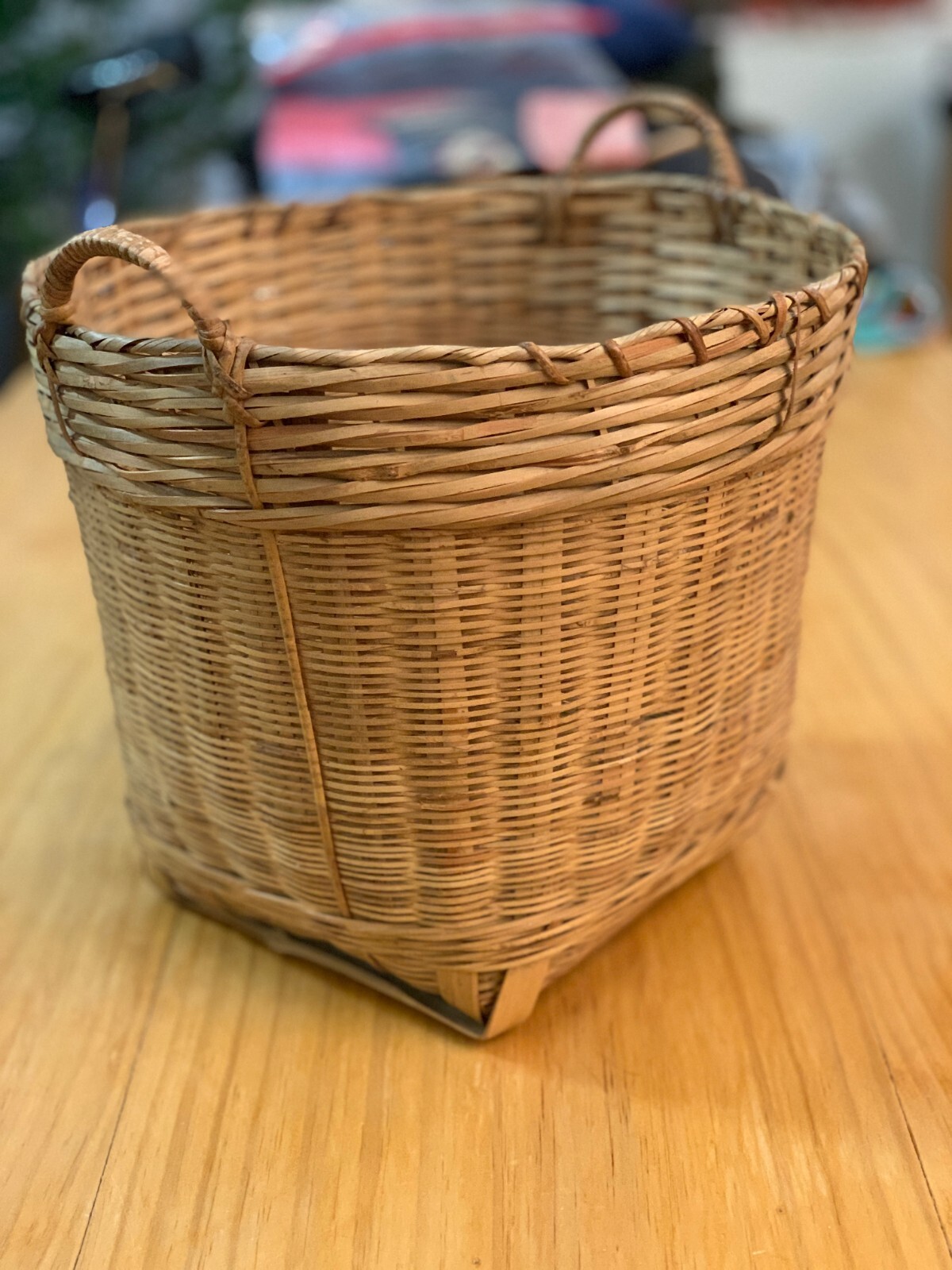 Antique Round Handwoven Bamboo Reed Basket |  13 in. Width   11 in. Height