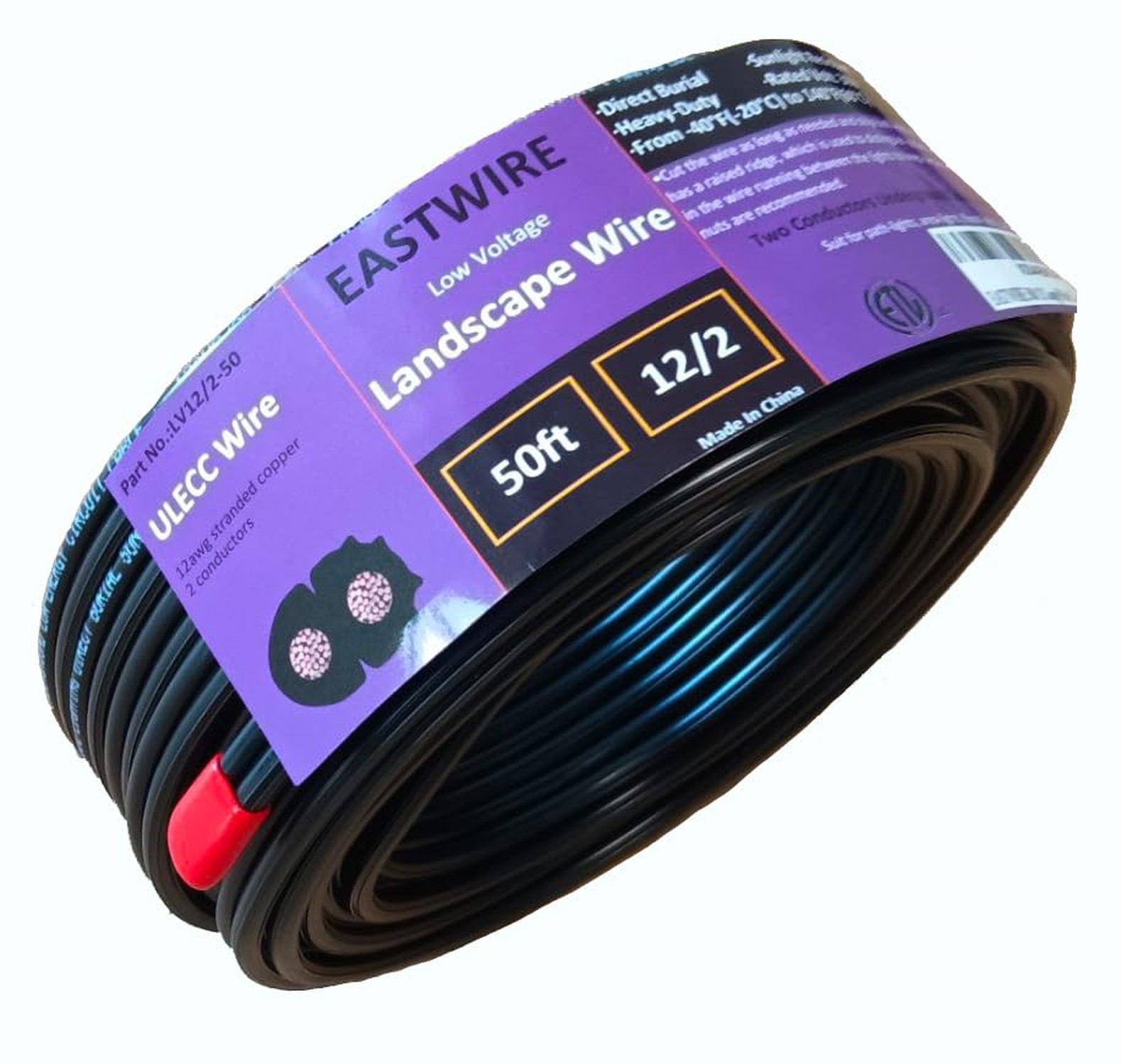 50ft 12 Gauge Wire 2 Conductors, 12/2 Low Voltage Landscape Wire, Outdoor Dir...