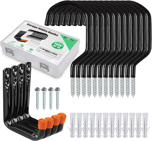 12 Pcs Heavy Duty Garage Bike Storage and Hooks Pack of 16 - Black