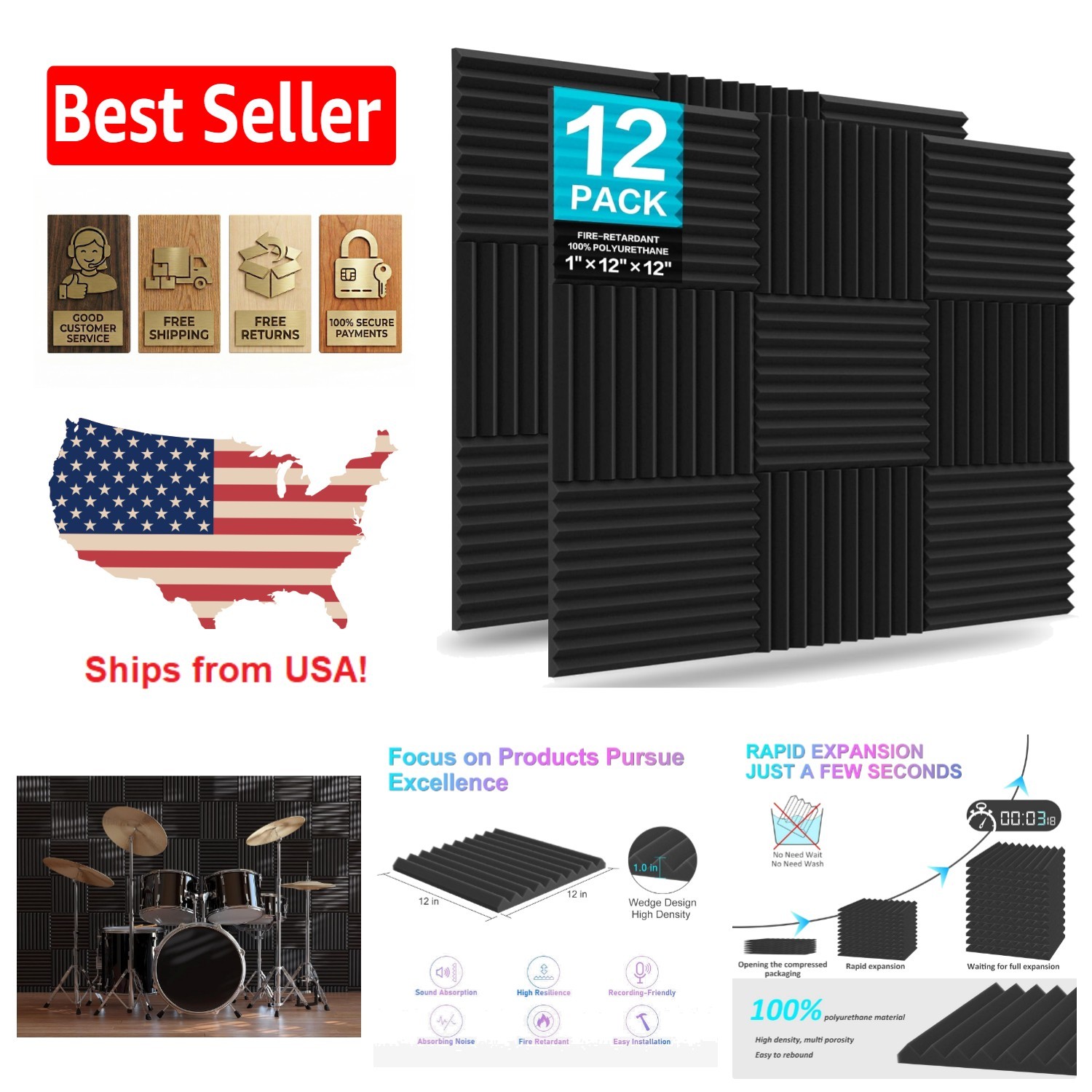 Fire-Resistant Soundproofing Foam Panels - 12 Pack for Ultimate Noise Control