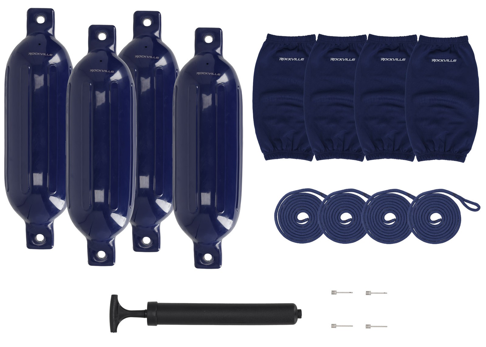 Rockville FEN465-NAVY BLUE 4-PACK 6.5" Boat Fender Package+4 Covers+4 10' Lines