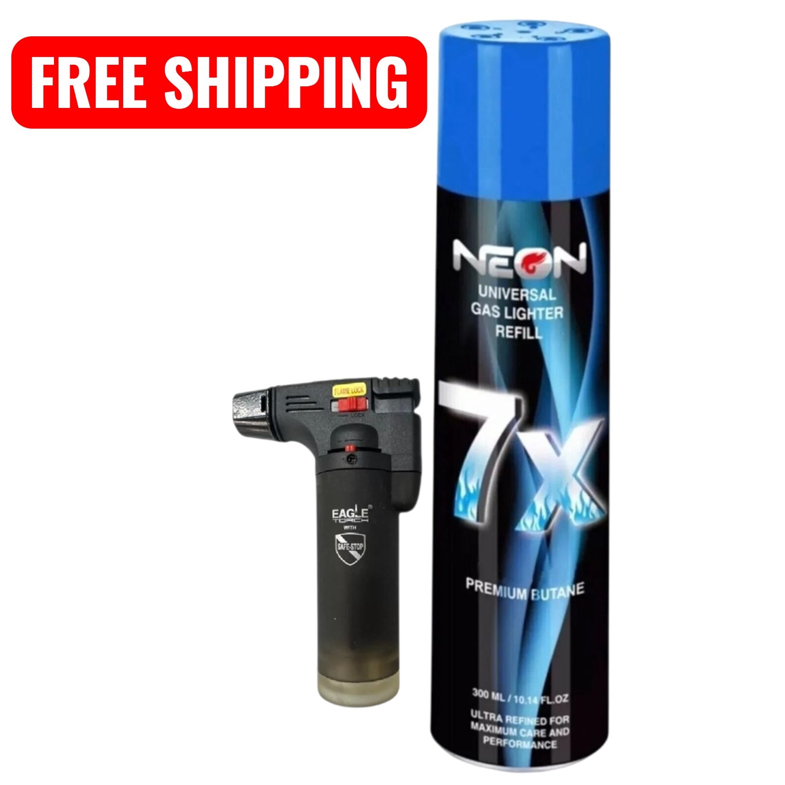 Eagle Windproof Gun Torch Lighter + Neon 7X Refined Butane Lighter Refill 300mL