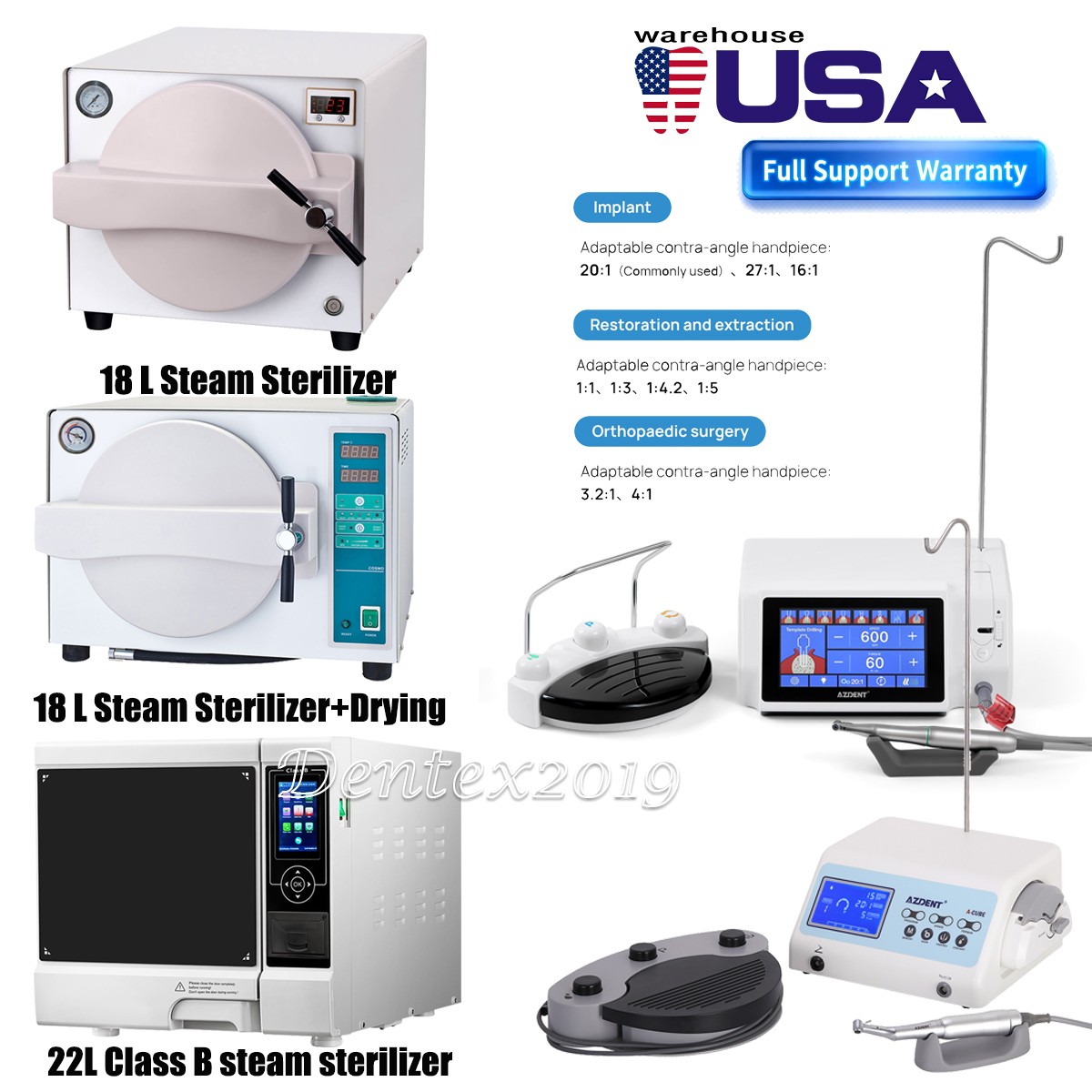 Autoclave Clase B 22L con Secado / Motor Quirúrgico LED para Implantes Dentales