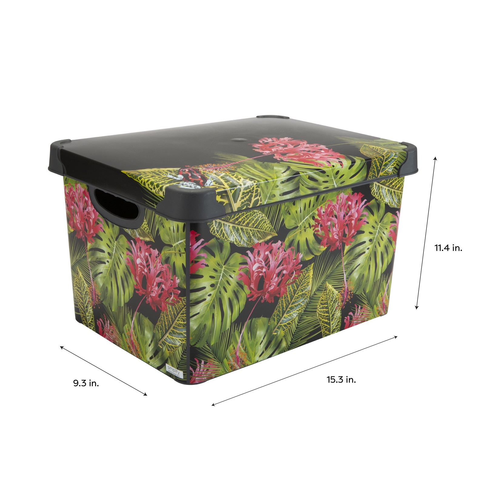 2 Pack Tropical Leaf Print Design Plastic Storage Bin, Black