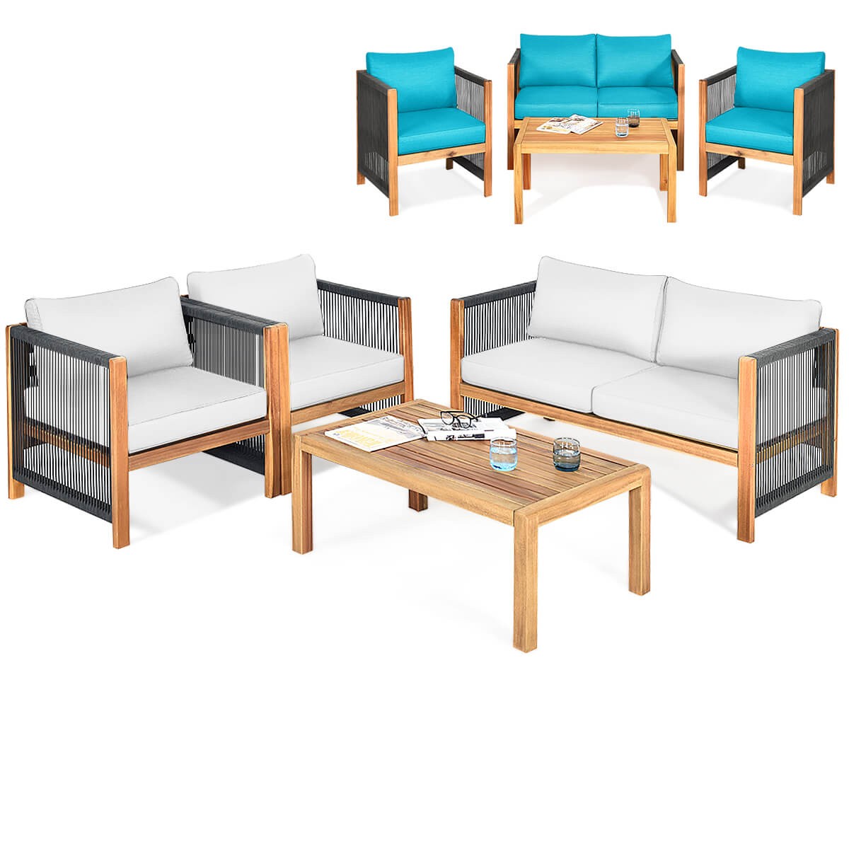 4 PCS Wood Patio Furniture Set w/Cushions White Turquoise Cushion Cover Sets