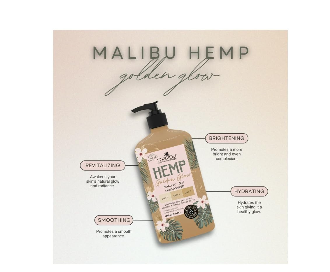 2Pack Malibu Hemp Golden Glow Gradual Tan Moisturizer Dry Skin & Bronzing 18oz