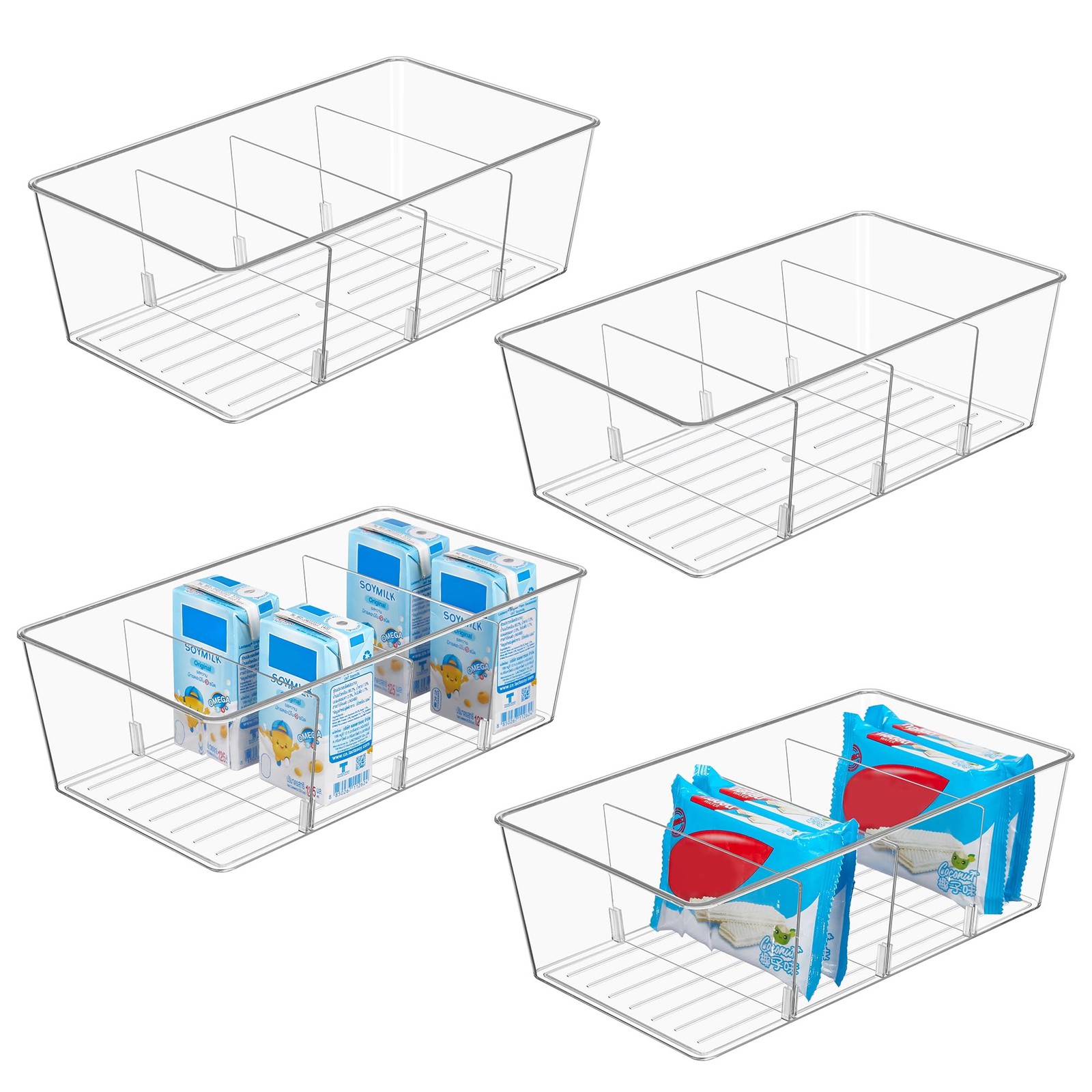 4 Pack Food Storage Organizer Bins, Clear Plastic Bins for Pantry, Kitchen, F...