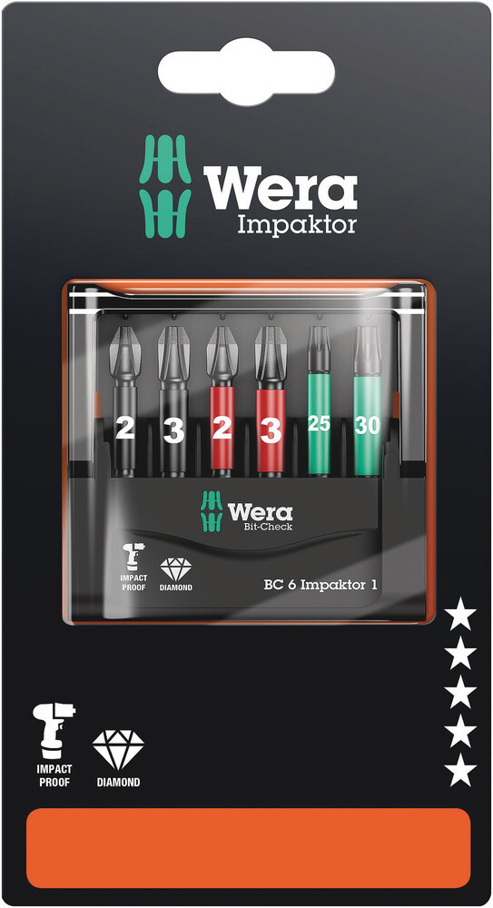 Wera 073890, Bit-Check 6 Impaktor 1 Sb, 6 Pieces