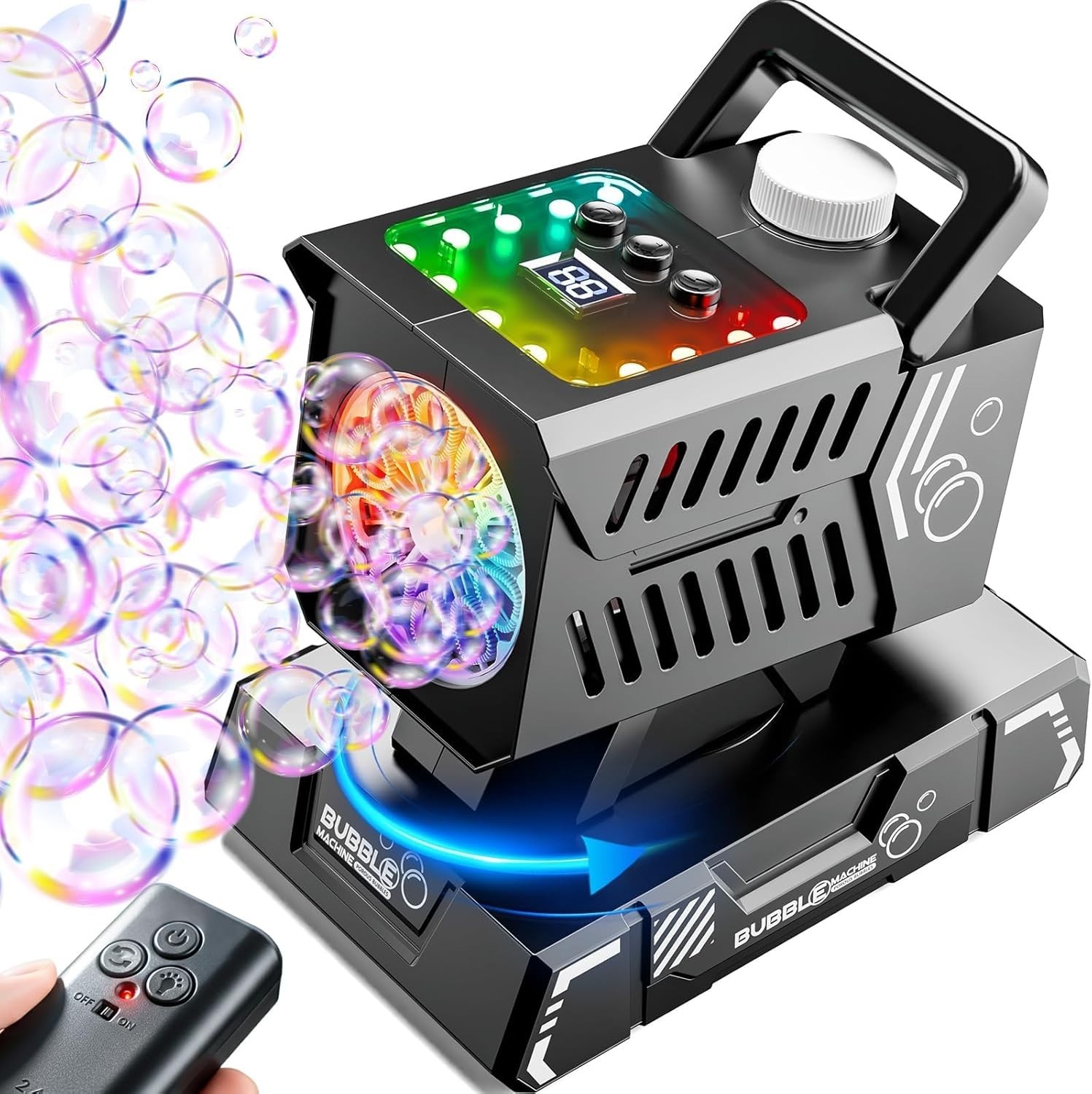Bubble Machine Remote Control 98ft Range,Auto Rotation & 11 RGB Lights, 1800mAh