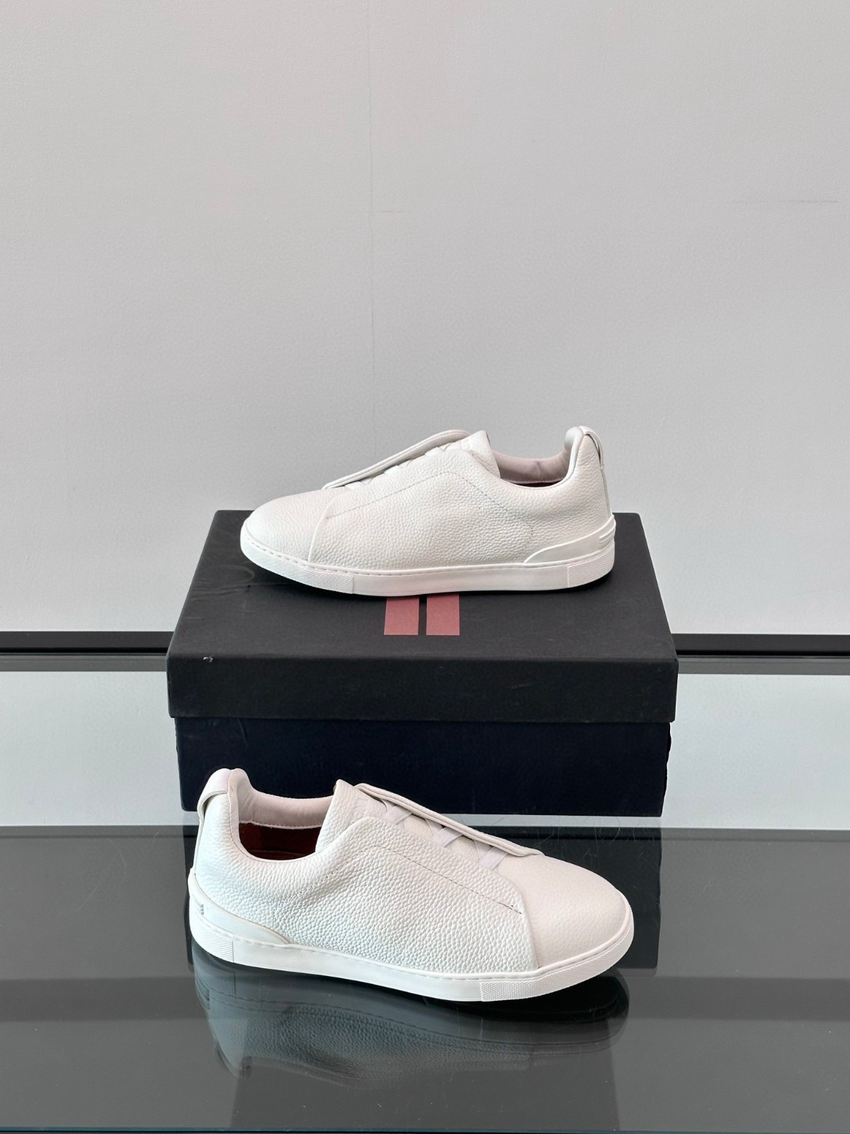 ZEGNA Triple Stitch White Grained Leather Sneakers Full Sizes