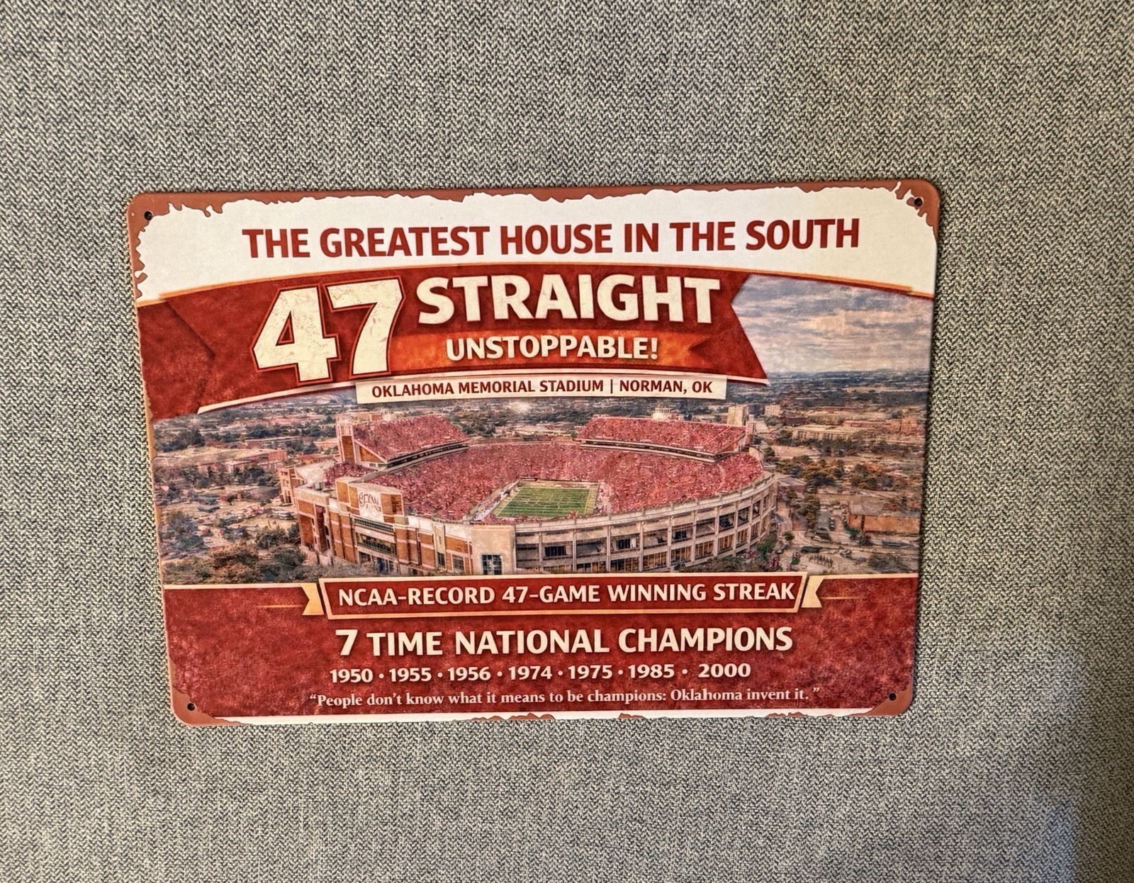 Oklahoma Memorial Stadium Metal Sign OU Football National Championships Sooner