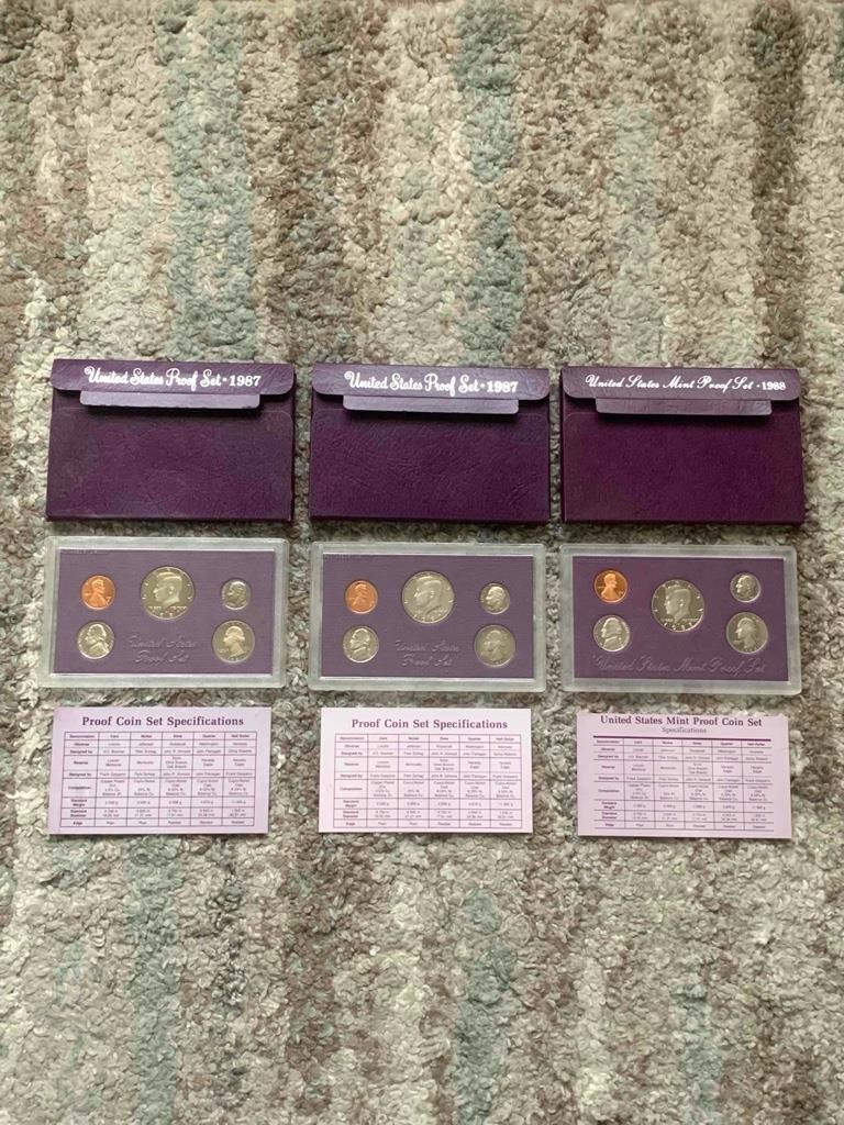 Lot of (3) Vintage 1987-1988 U.S. Mint Clad Proof Sets