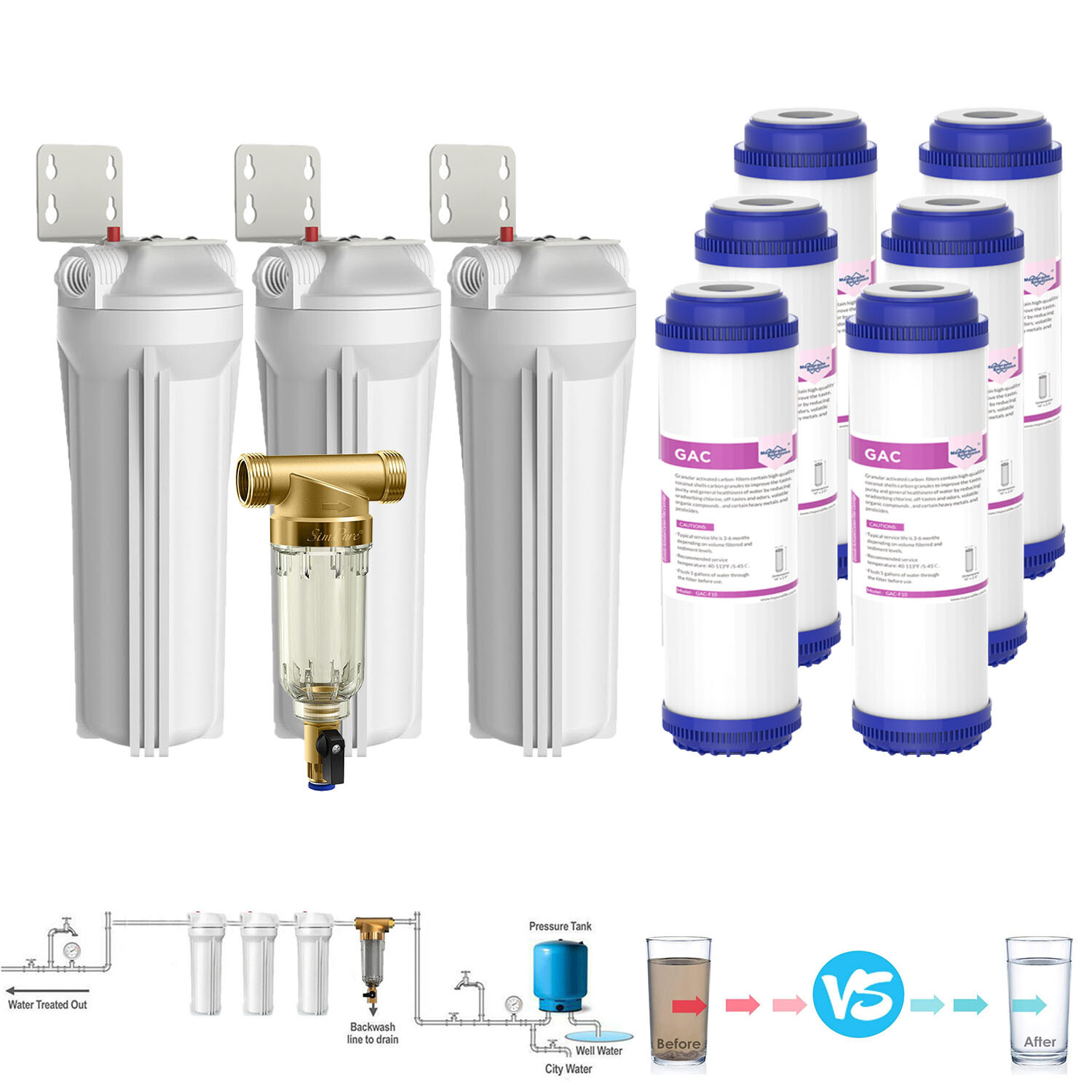 SimPure 10 Inch Whole House Water Filter Housing 10" x2.5" GAC Carbon Filtration