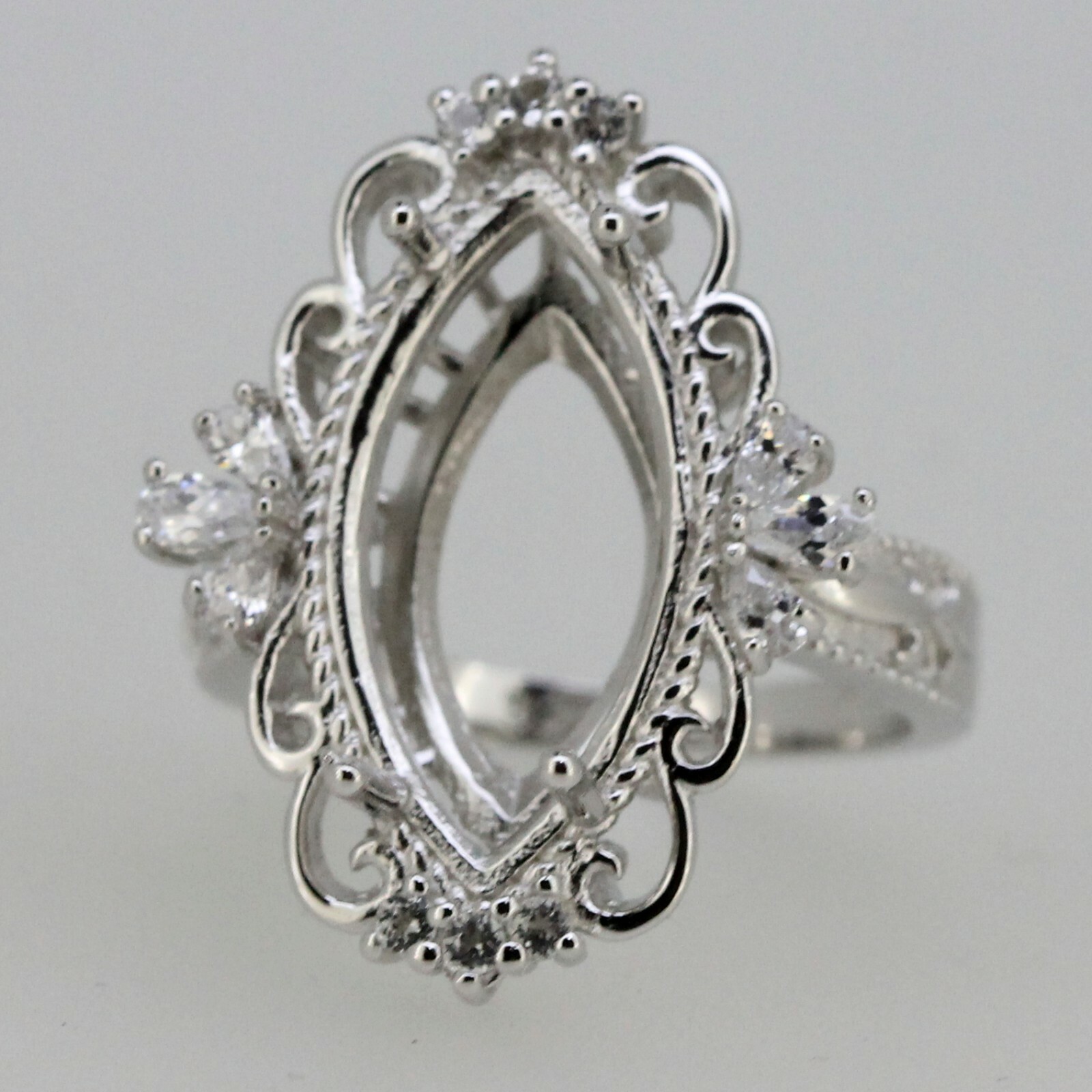 Sterling Silver Semi Mount Ring Setting Marquise MQ 20x10mm Fleur Di