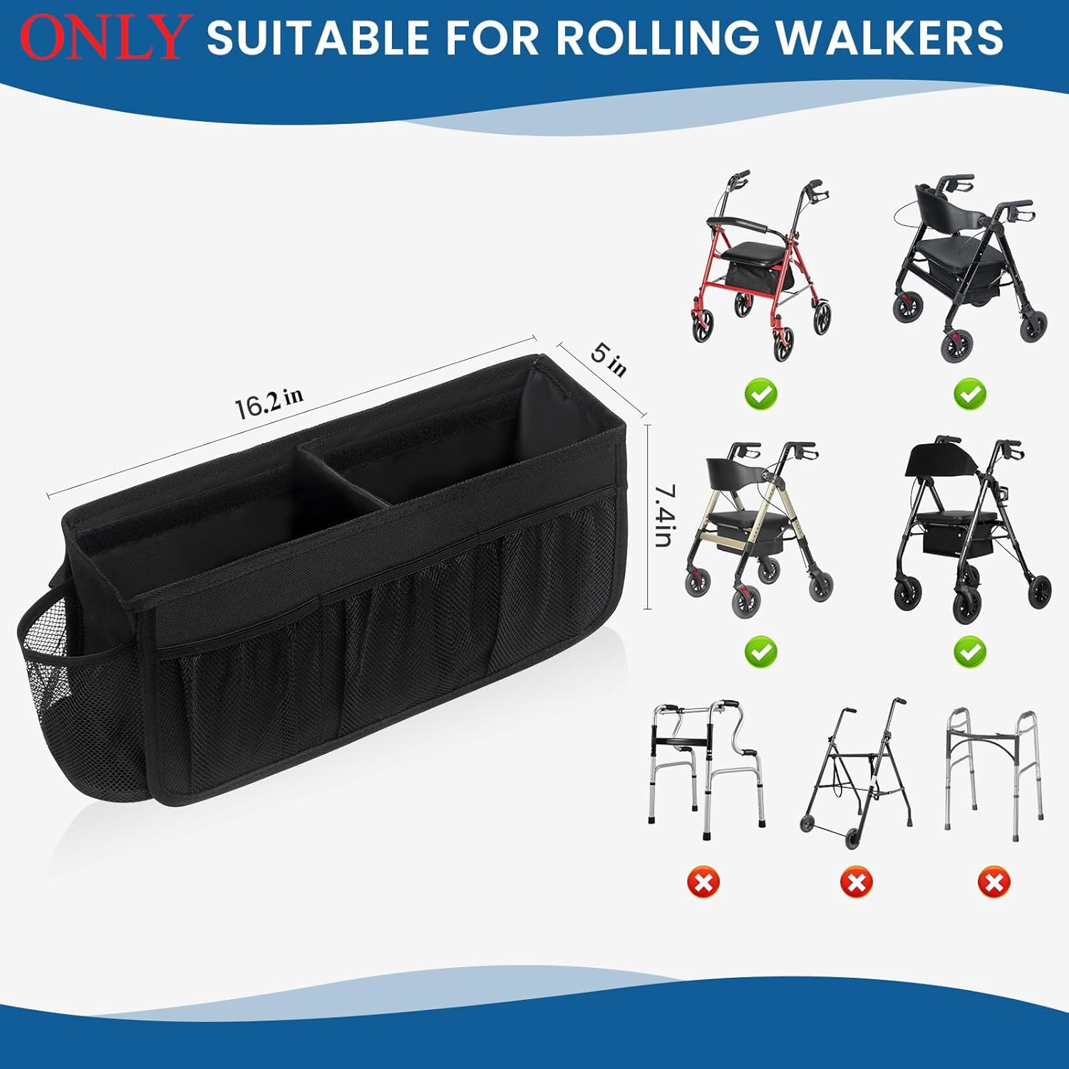 Upgraded Rollator Basket, Large Walker Accessories Bag with Multiple Pockets, Ro