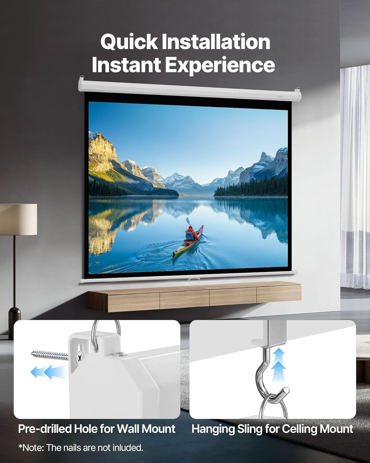 Manual 72 Inch Projector Screen 4K HD Wall Mount Retractable with Pull Rope