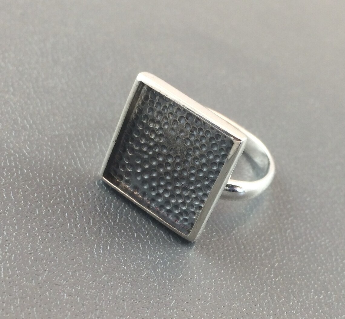 Sterling Silver Ring Blank 15mm Square Bezel Cabochon Setting Adjustable Finding