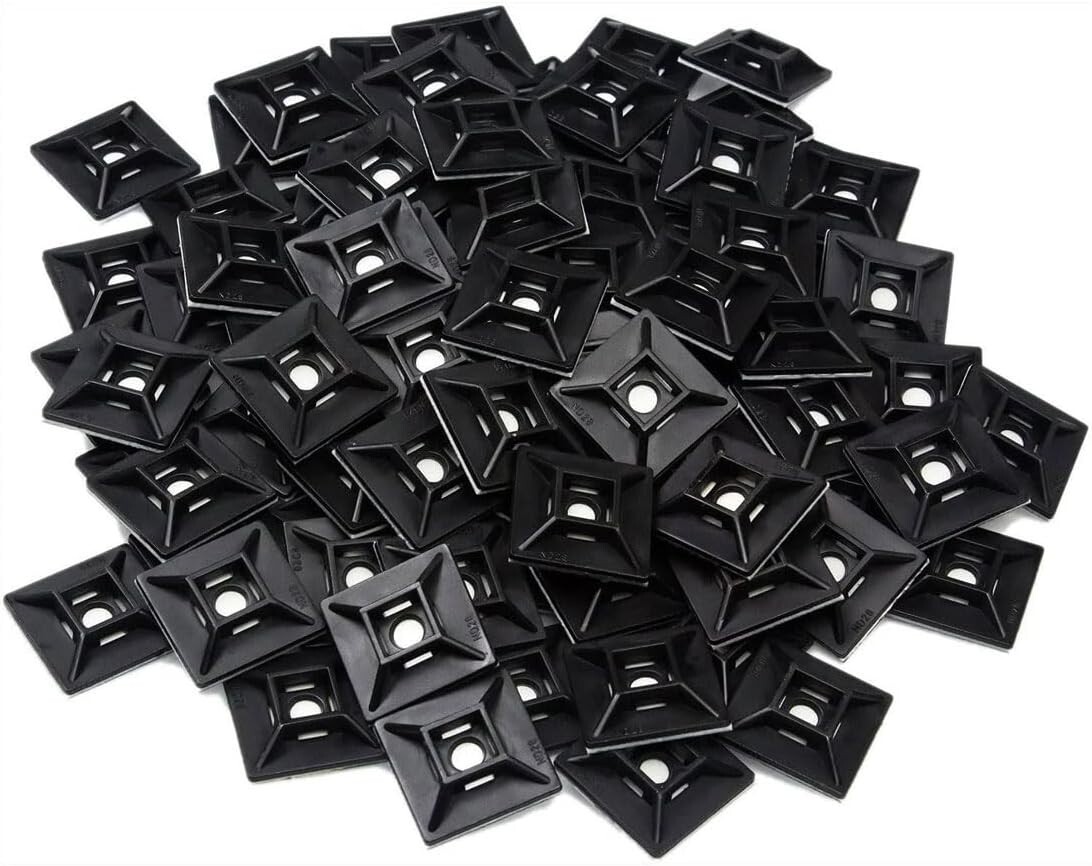 1" Self Adhesive Black Cable Zip Tie Mounts 100pcs Management Organizer Squares