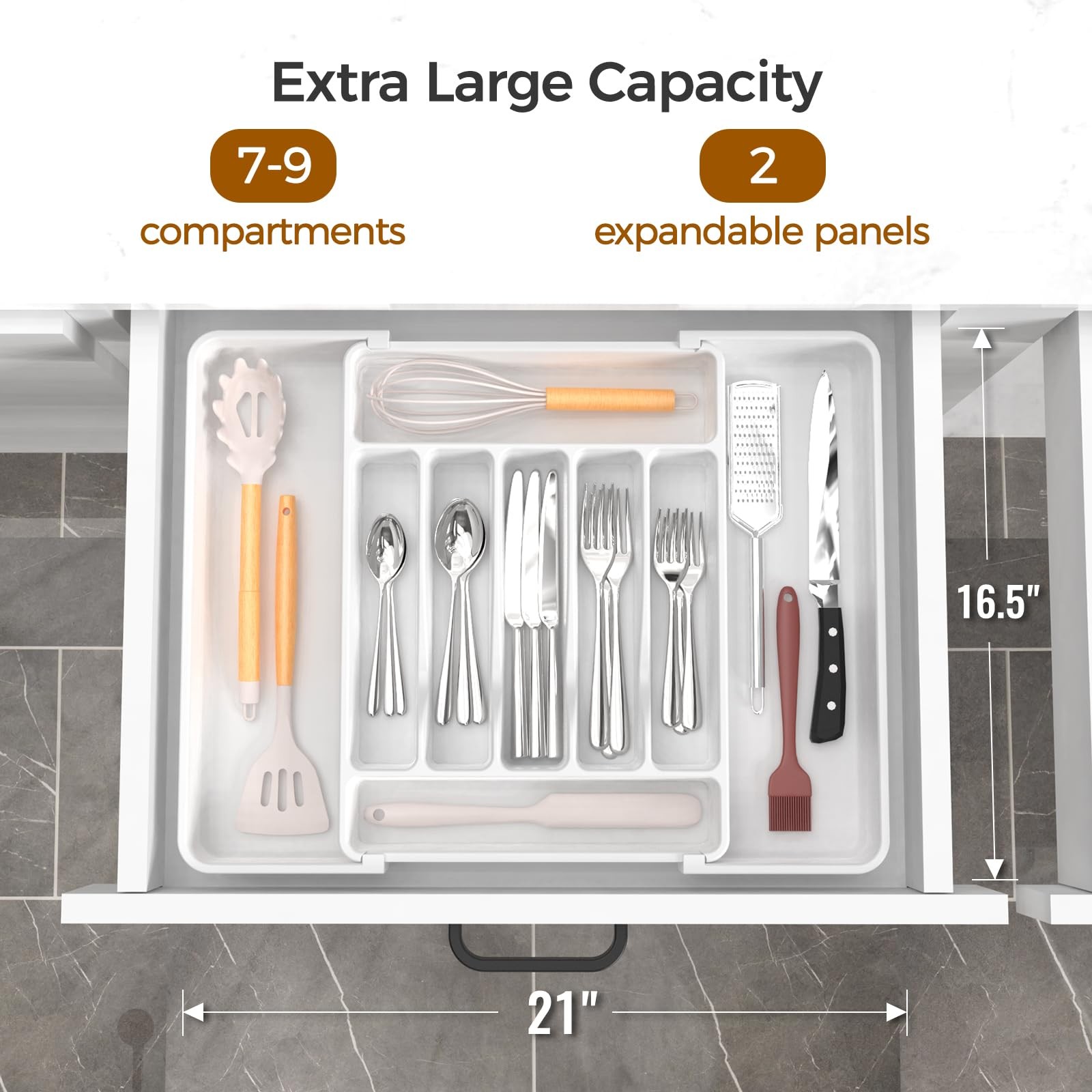 ukeetap Extra Large Expandable Silverware Organizer, BPA-Free Food-Safe White