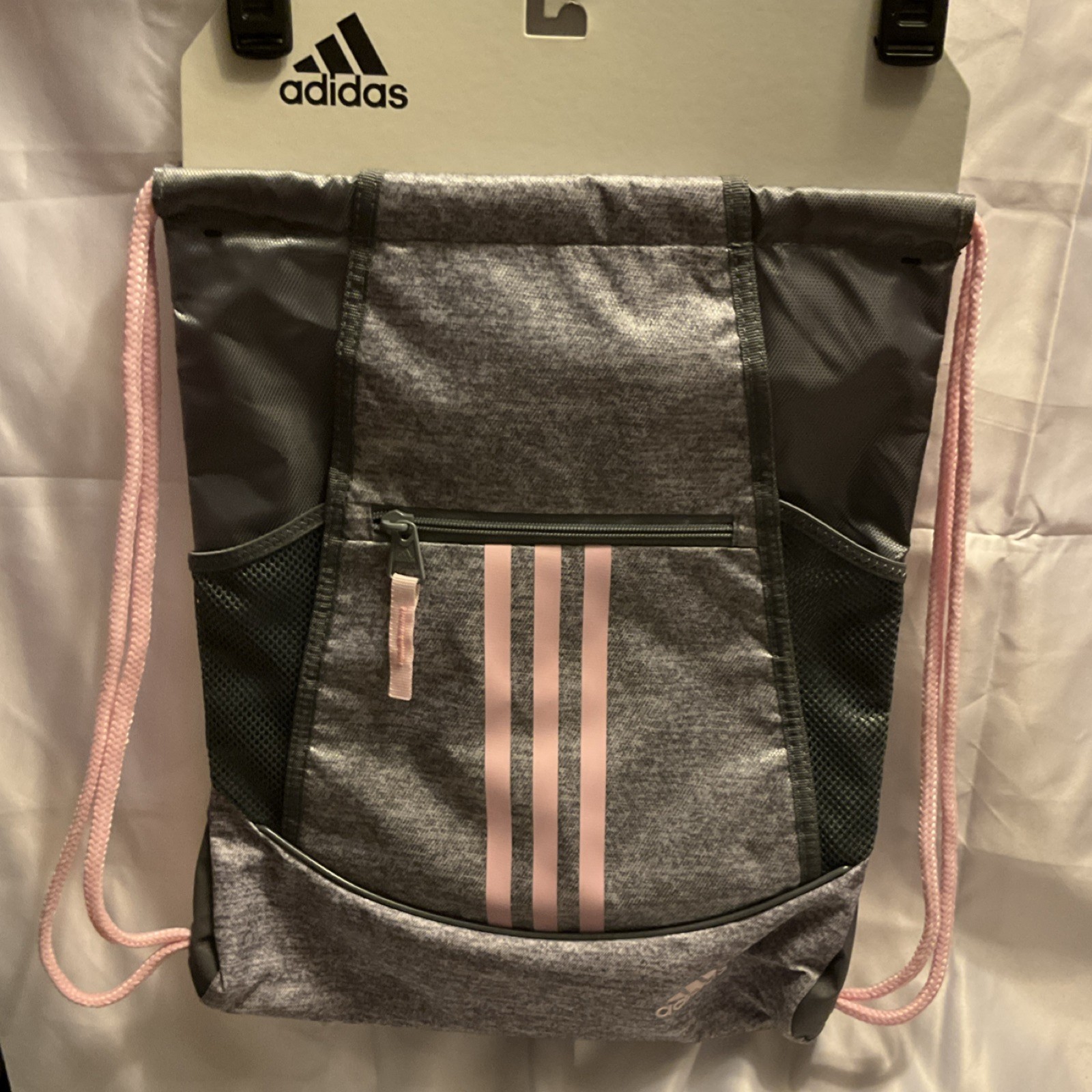 adidas Alliance II Sackpack Drawstring Gym Bag Jersey Grey/Clear Pink, 3 Pockets