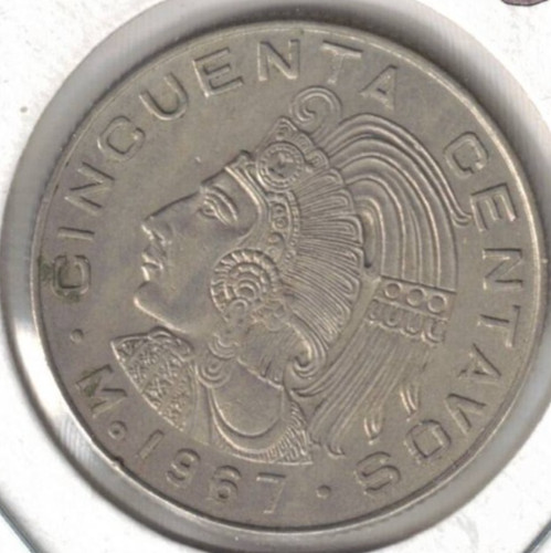 1967 Mexico Circulated Aztec Emperor Cuauhtémoc Fifty Centavos Coin