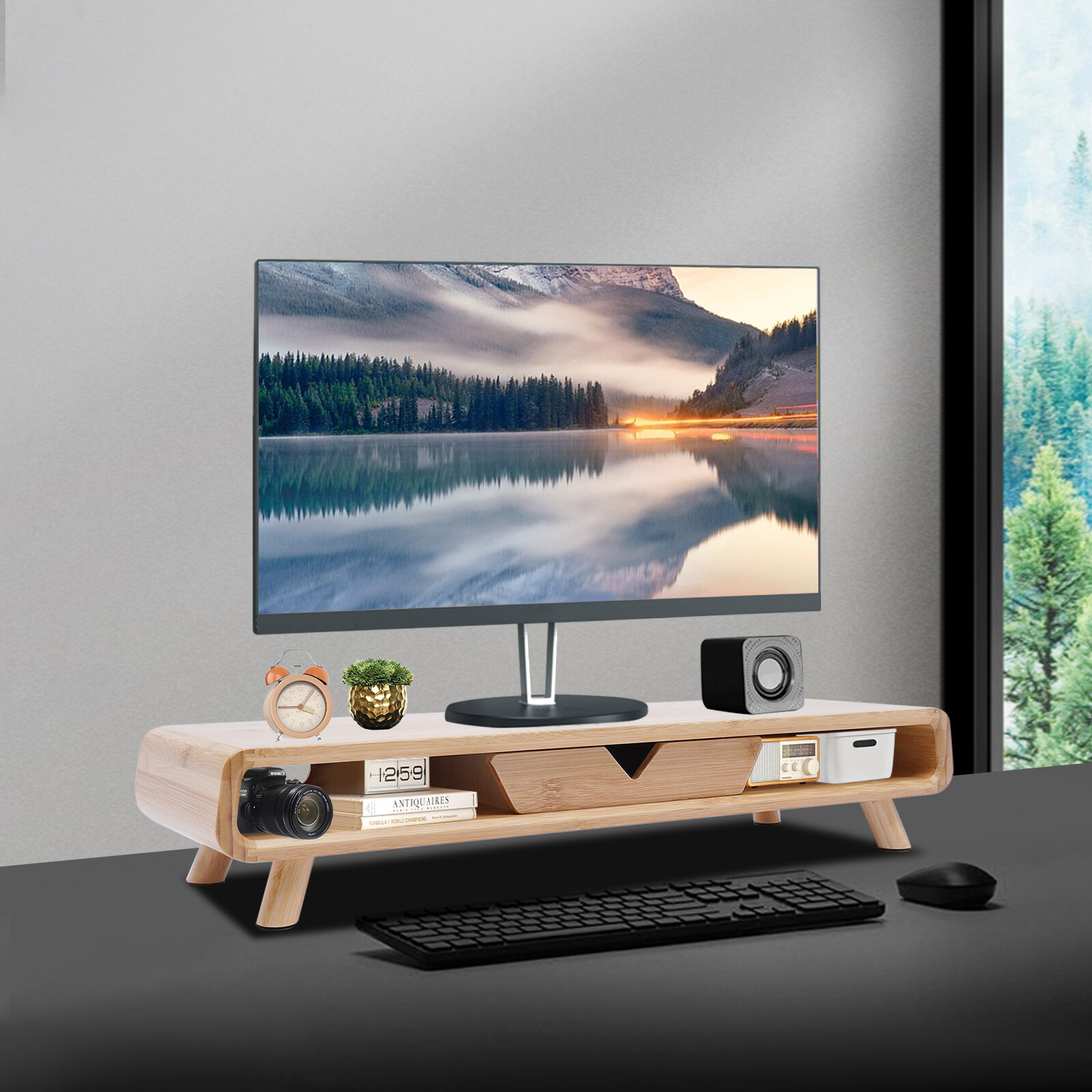 Wooden Bamboo Monitor Stand Desktop Laptop Desk 24*7.9*4.5Inch With Drawer