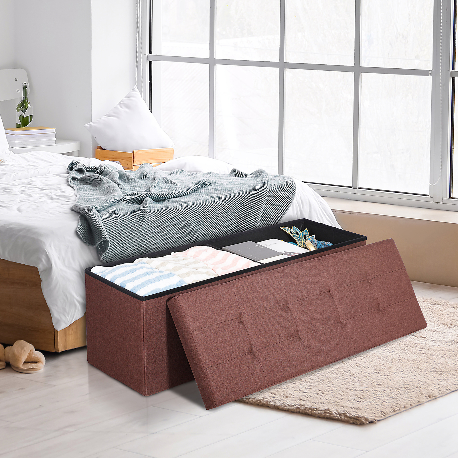 43" Folding Ottoman Bench Storage Organizer Chest Footrest Stool W/Divider Brown