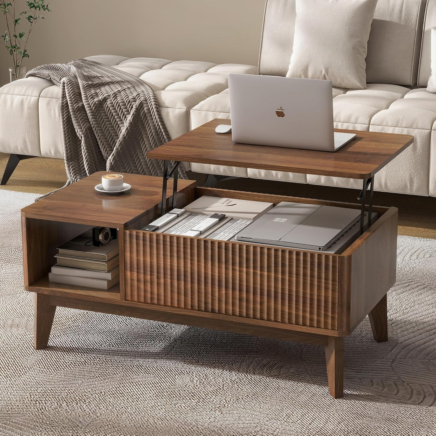 Fluted Lift Top Coffee Table with Storage, Modern Coffee Table for Living Room,