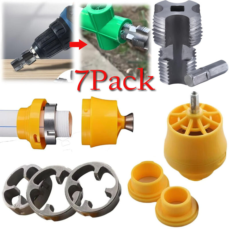 Electric Drill Compatible PVC Pipe Threader Kit with Various Die Sizes -Set 7PCS