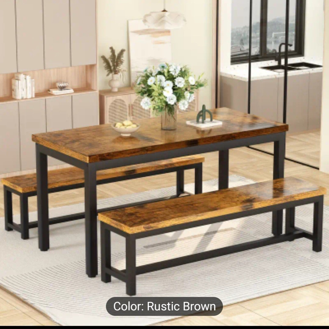 4 Person Elegant Modern Rustic Brown Dining Table Set With 2  Wood Benches