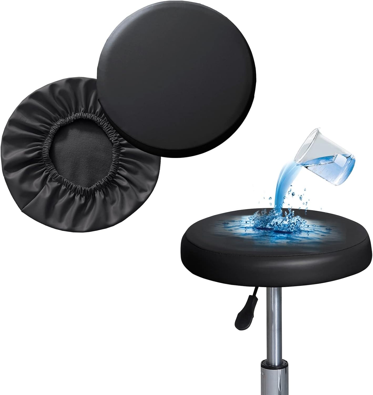 Elastic Round Stool Covers 2 Pack Black Waterproof PU Leather Slipcovers
